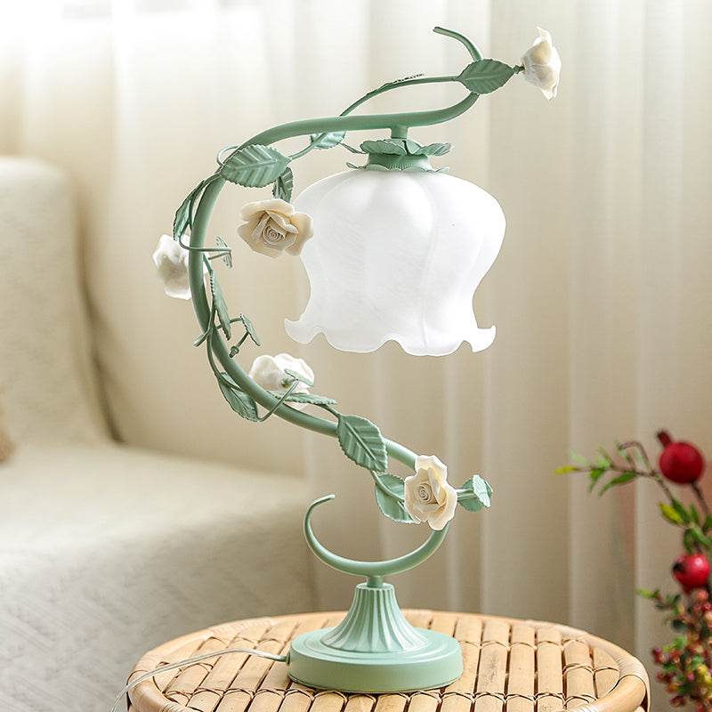 Rose Ceramic Nightstand Lamp Pastoral 1 Head Living Room Table Light with Bud Cream Glass Shade