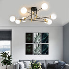 Cream Glass Sphere Semi Flush Mount Modernist 4/6/8 Lights Black Semi Flush Mount Light Fixture with Linear Arm