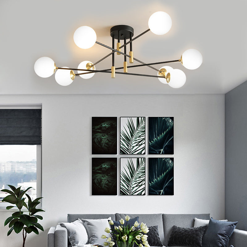 Cream Glass Sphere Semi Flush Mount Modernist 4/6/8 Lights Black Semi Flush Mount Light Fixture with Linear Arm