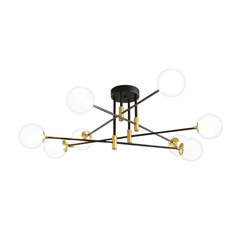 Cream Glass Sphere Semi Flush Mount Modernist 4/6/8 Lights Black Semi Flush Mount Light Fixture with Linear Arm