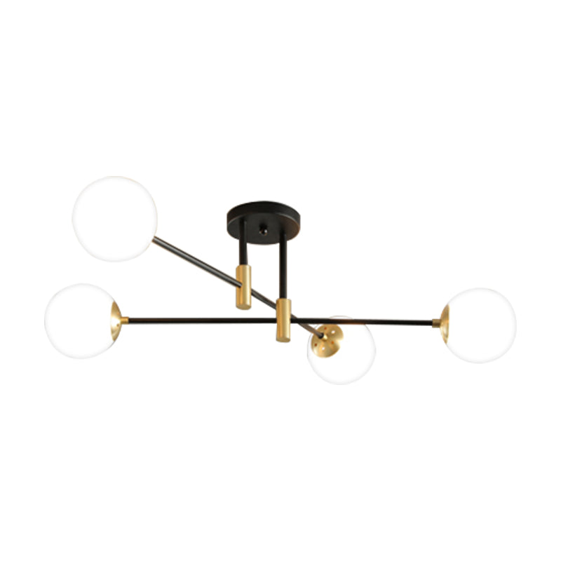 Cream Glass Sphere Semi Flush Mount Modernist 4/6/8 Lights Black Semi Flush Mount Light Fixture with Linear Arm