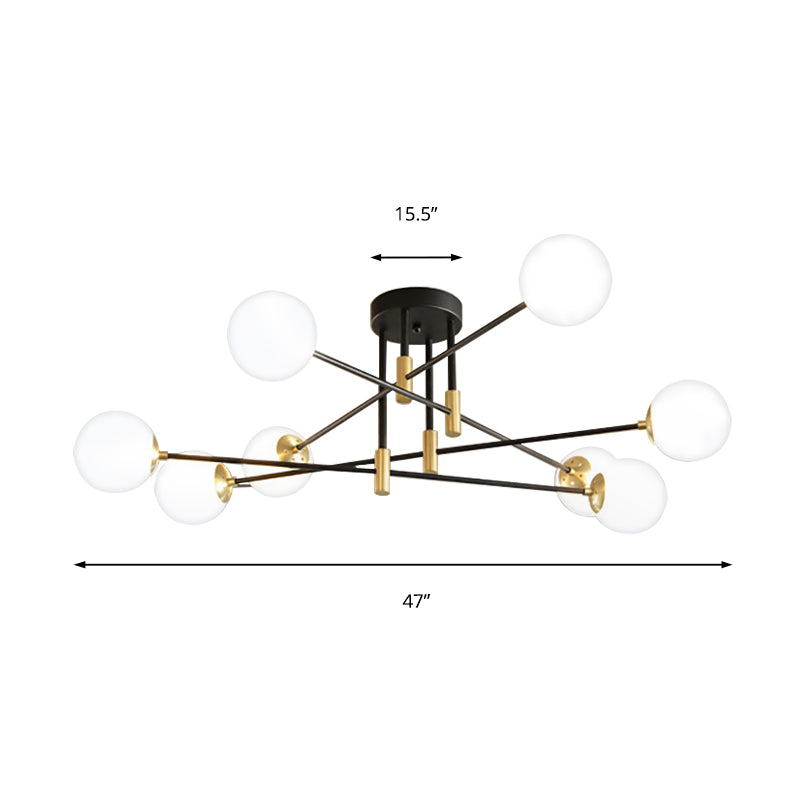 Cream Glass Sphere Semi Flush Mount Modernist 4/6/8 Lights Black Semi Flush Mount Light Fixture with Linear Arm