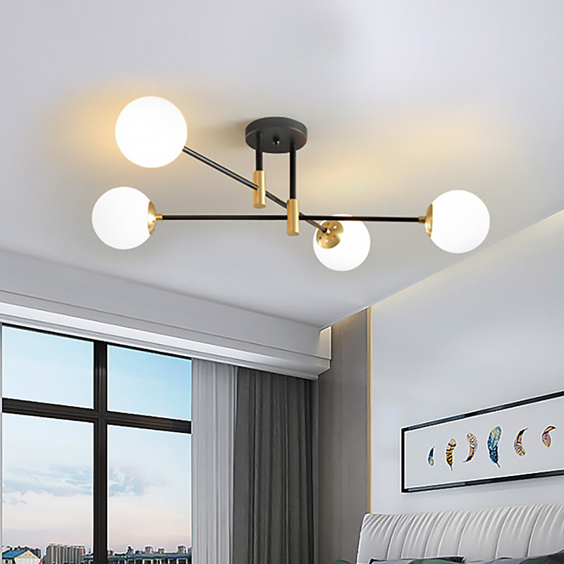 Cream Glass Sphere Semi Flush Mount Modernist 4/6/8 Lights Black Semi Flush Mount Light Fixture with Linear Arm