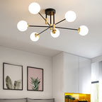 Cream Glass Sphere Semi Flush Mount Modernist 4/6/8 Lights Black Semi Flush Mount Light Fixture with Linear Arm