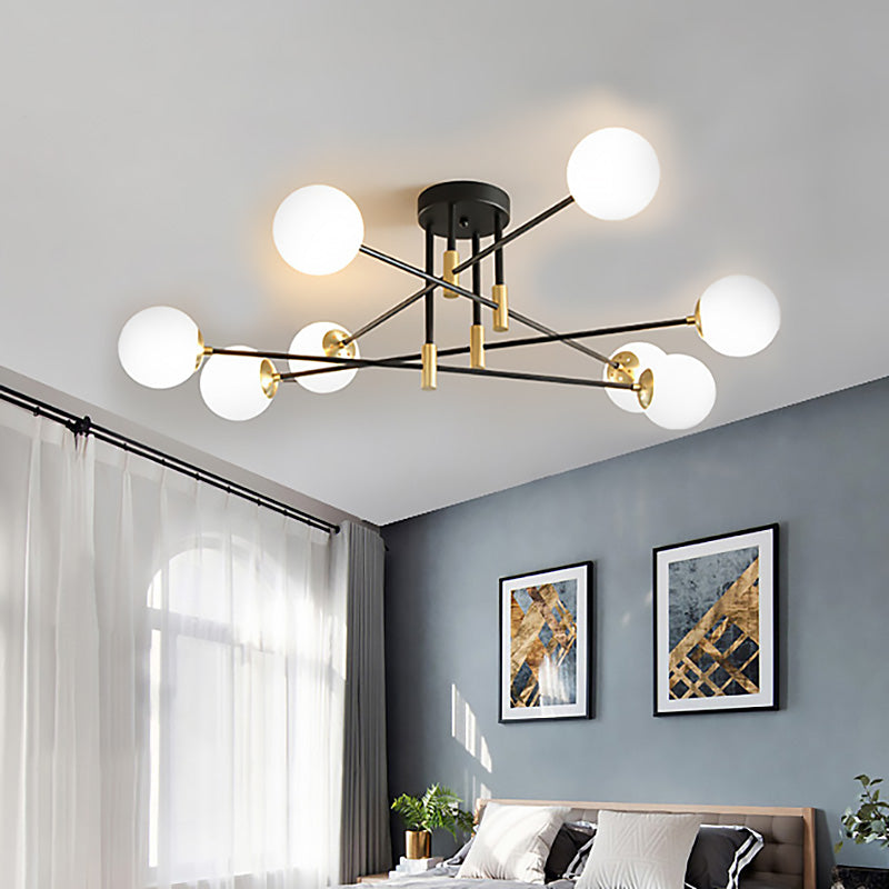 Cream Glass Sphere Semi Flush Mount Modernist 4/6/8 Lights Black Semi Flush Mount Light Fixture with Linear Arm