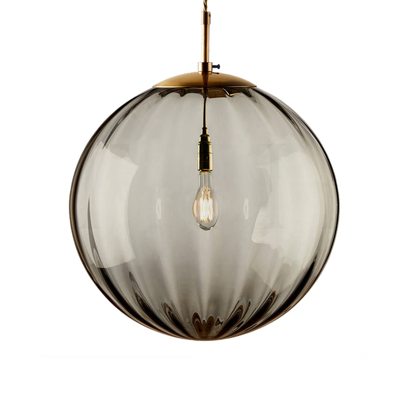 Sphere Pendant Lighting Modern Blue/Purple/Smoky Ribbed Glass 1 Light Led Hanging Ceiling Lamp for Bedroom