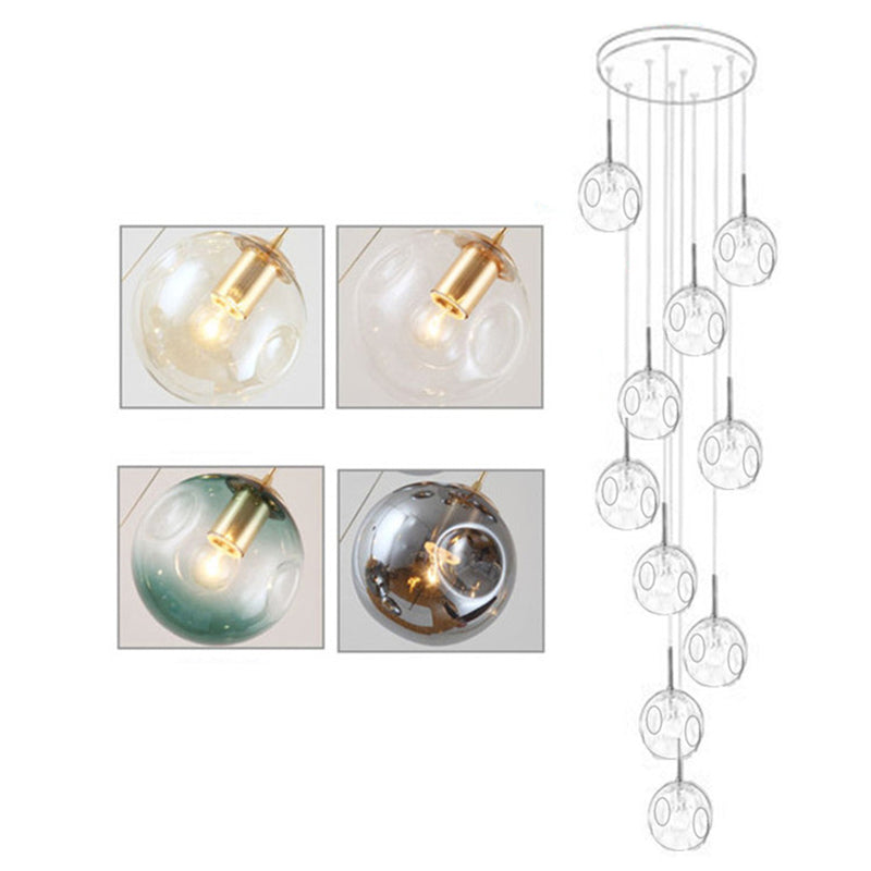 Handblown Glass Ball Multi Light Pendant Modern Cognac Hanging Lighting for Staircase