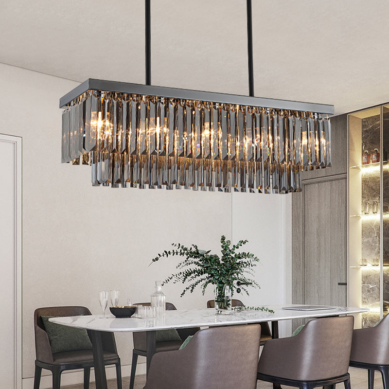 Rectangle Smoke Gray Crystal Block Island Lamp Modern 10 Lights Black Hanging Chandelier, 31.5"/39" Wide