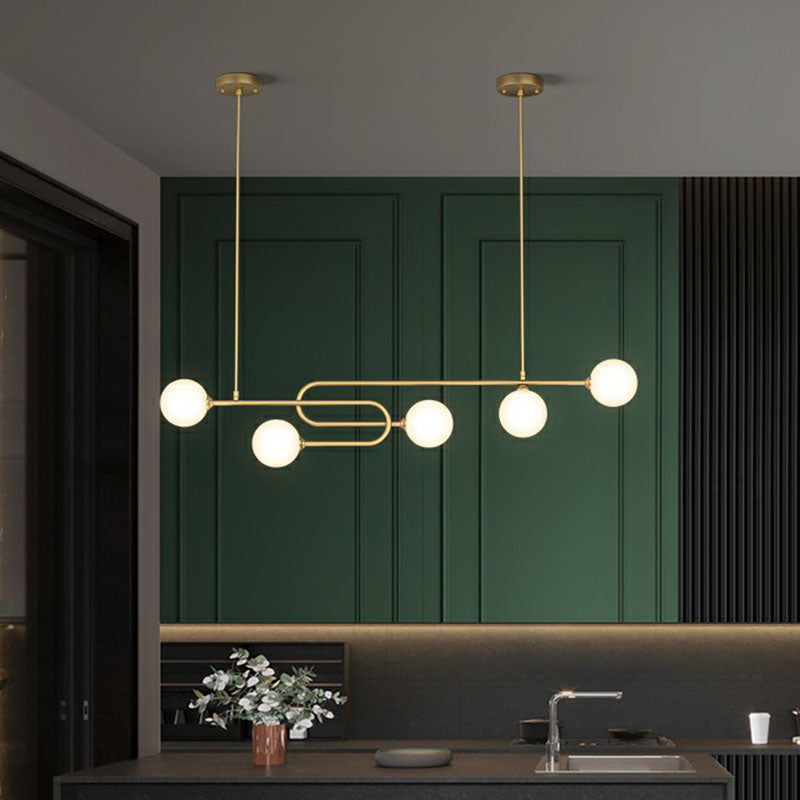 Minimalist U-Shaped Suspension Light Metal Dining Room Island Light with Ball Milky Glass Shade in Gold