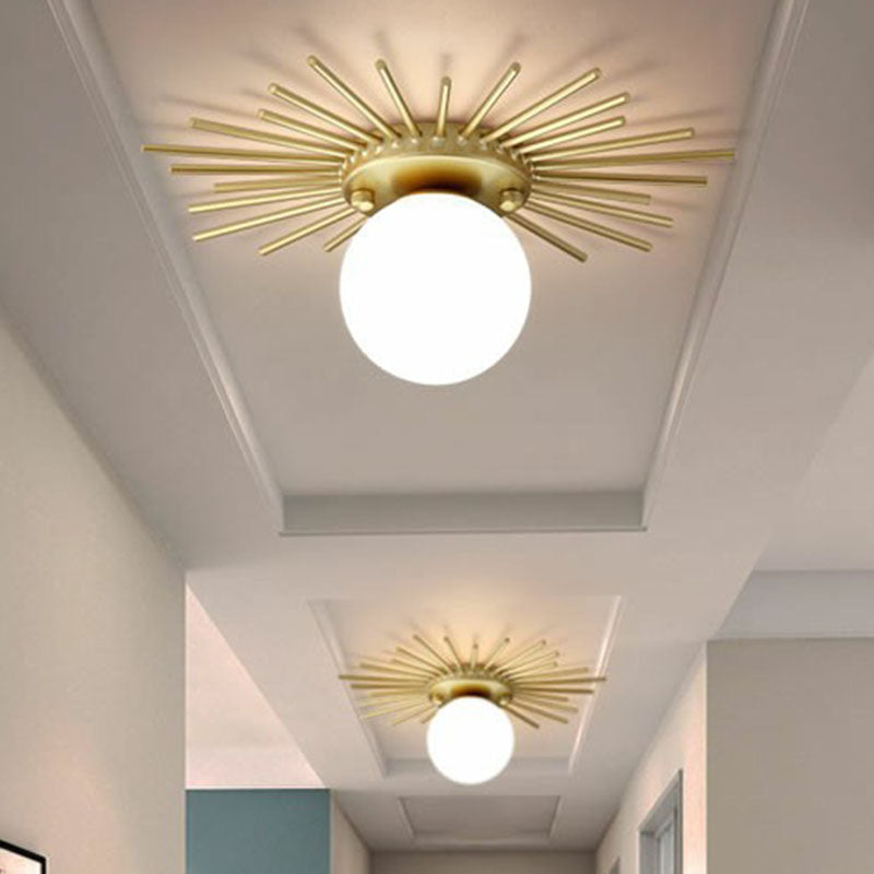 Golden Sunburst Semi-Flush Mount Simple Creative Single Opal Glass Ceiling Lighting for Foyer