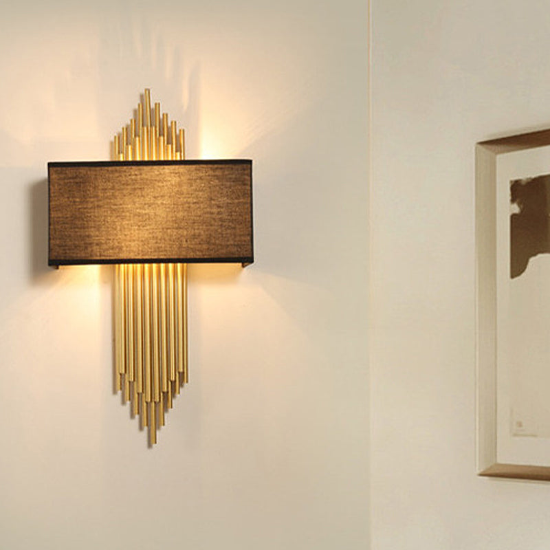 Modern Rectangle Wall Light 2 Heads Fabric Shade Wall Sconce in Black/White/Flaxen for Living Room, 14"/16" Wide