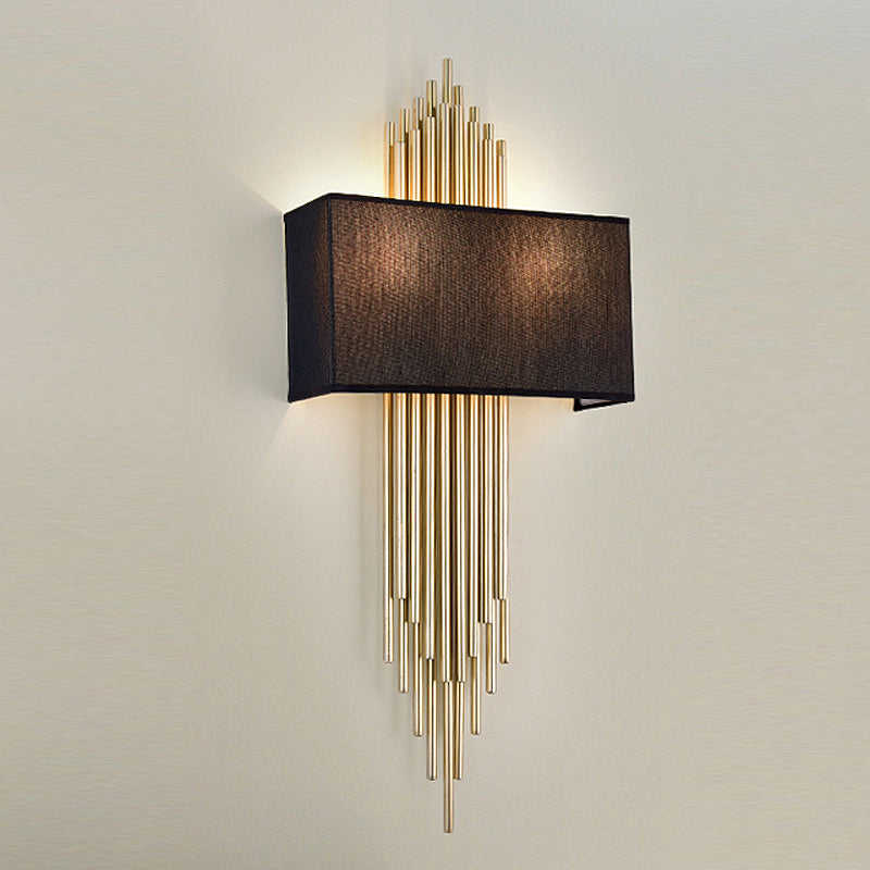 Modern Rectangle Wall Light 2 Heads Fabric Shade Wall Sconce in Black/White/Flaxen for Living Room, 14"/16" Wide