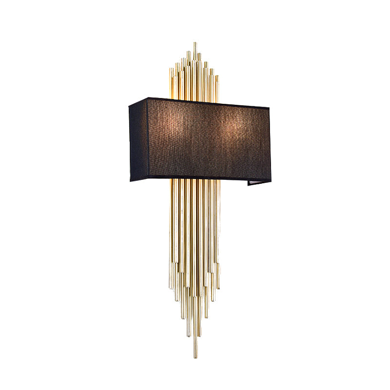 Modern Rectangle Wall Light 2 Heads Fabric Shade Wall Sconce in Black/White/Flaxen for Living Room, 14"/16" Wide