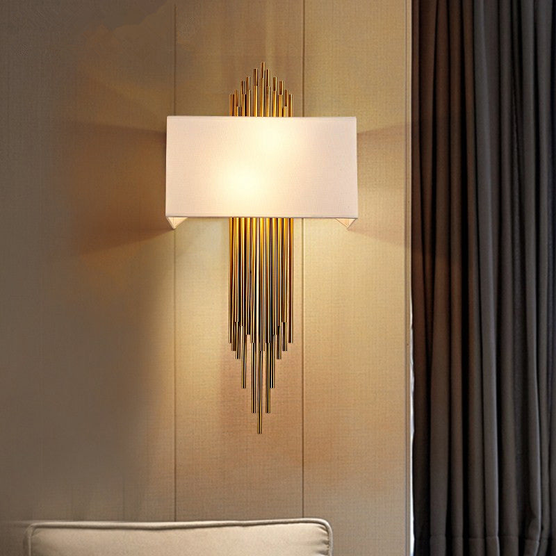Modern Rectangle Wall Light 2 Heads Fabric Shade Wall Sconce in Black/White/Flaxen for Living Room, 14"/16" Wide