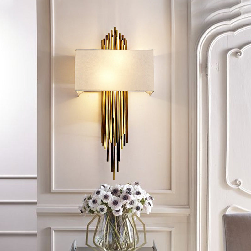 Modern Rectangle Wall Light 2 Heads Fabric Shade Wall Sconce in Black/White/Flaxen for Living Room, 14"/16" Wide