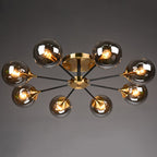 Black and Brass Radial Flush Mount Lighting Postmodern Metal Semi Flush Ceiling Light with Ball Glass Shade