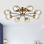 Black and Brass Radial Flush Mount Lighting Postmodern Metal Semi Flush Ceiling Light with Ball Glass Shade