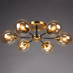 Black and Brass Radial Flush Mount Lighting Postmodern Metal Semi Flush Ceiling Light with Ball Glass Shade