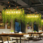 Rectangular Restaurant Pendant Light Fixture Rustic Iron Hanging Island Light with Fake Plant Decoration