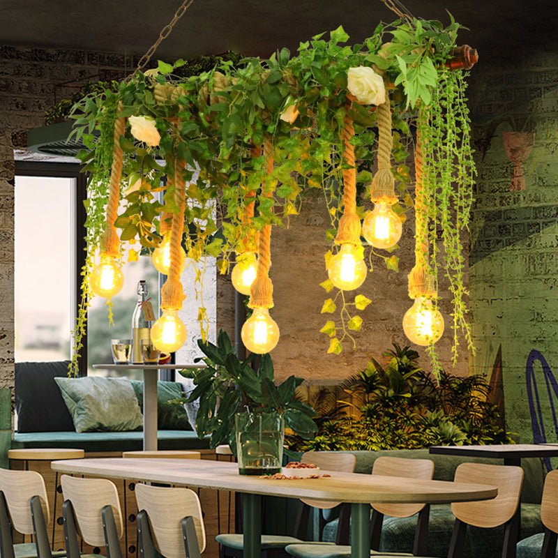 Green Island Light Fixture Rustic Wooden Linear Suspension Lamp with Decorative Vines and Rose