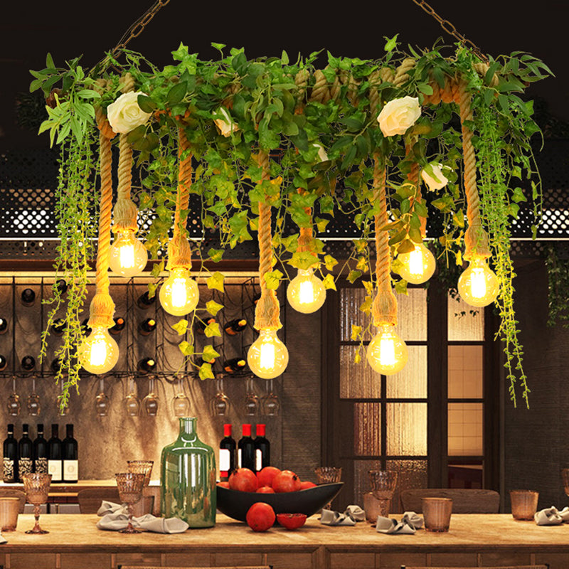 Green Island Light Fixture Rustic Wooden Linear Suspension Lamp with Decorative Vines and Rose