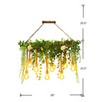 Green Island Light Fixture Rustic Wooden Linear Suspension Lamp with Decorative Vines and Rose