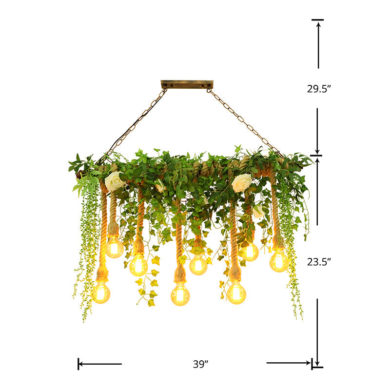 Green Island Light Fixture Rustic Wooden Linear Suspension Lamp with Decorative Vines and Rose
