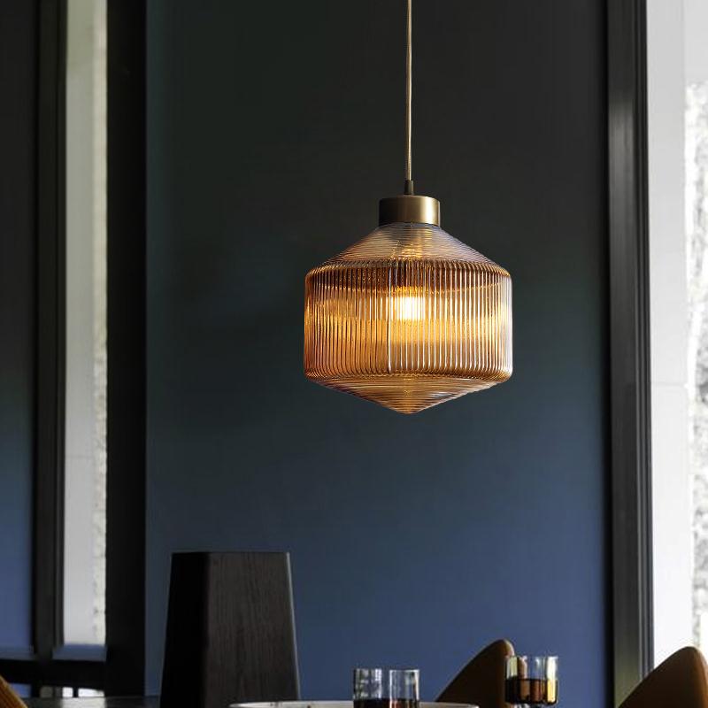 Drum Pendant Light Modernism Clear/Amber/Smoke Grey Prismatic Glass 1 Light Ceiling Suspension Lamp