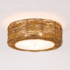 Hand-Woven Flush Mount Lamp with Round Shade Modern Rattan 3 Lights Bedroom Ceiling Light Fixture in Brown, 16"/19.5" W