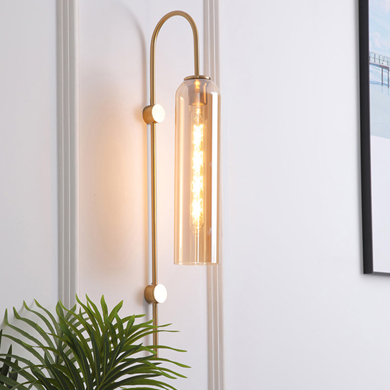 Mid-Century Gooseneck Wall Light Metal 1-Light Living Room Wall Sconce with Flute Glass Shade