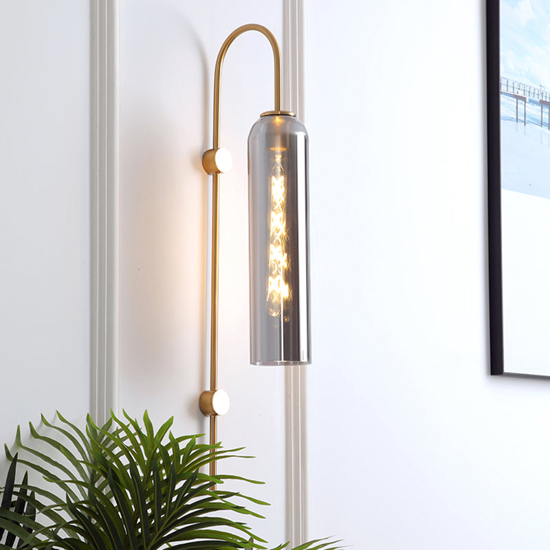 Mid-Century Gooseneck Wall Light Metal 1-Light Living Room Wall Sconce with Flute Glass Shade