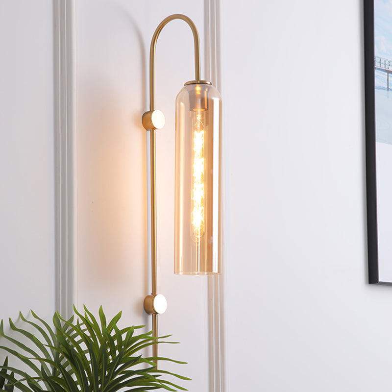 Mid-Century Gooseneck Wall Light Metal 1-Light Living Room Wall Sconce with Flute Glass Shade