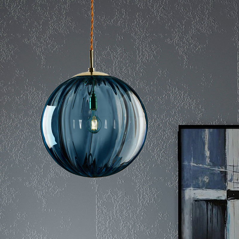 Sphere Pendant Lighting Modern Blue/Purple/Smoky Ribbed Glass 1 Light Led Hanging Ceiling Lamp for Bedroom