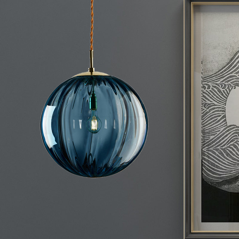 Sphere Pendant Lighting Modern Blue/Purple/Smoky Ribbed Glass 1 Light Led Hanging Ceiling Lamp for Bedroom