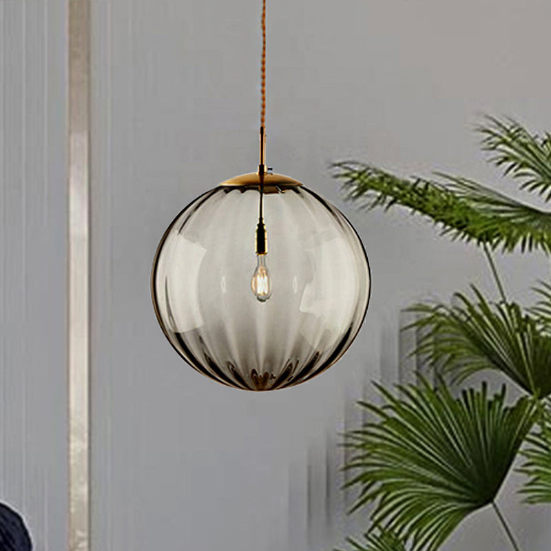Sphere Pendant Lighting Modern Blue/Purple/Smoky Ribbed Glass 1 Light Led Hanging Ceiling Lamp for Bedroom
