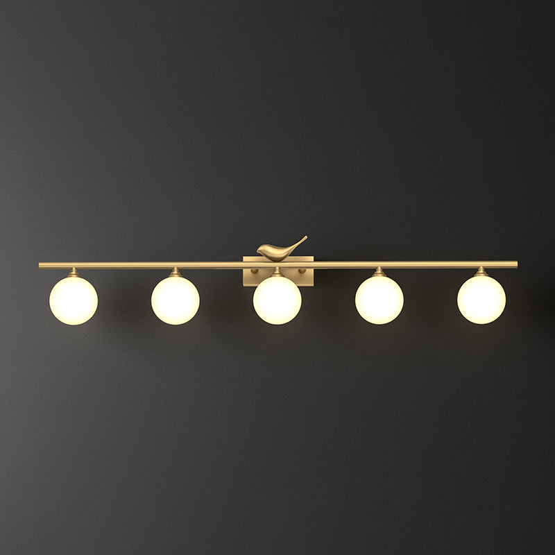 Ball Bathroom Vanity Sconce Opal Glass Postmodern Wall Light with Bird Decor in Brass