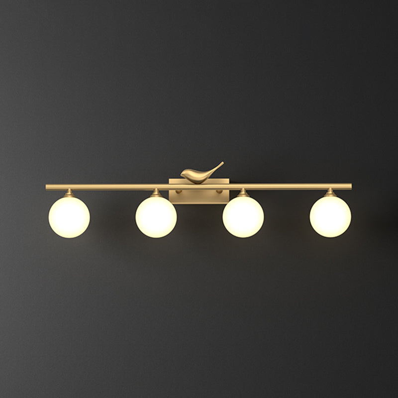 Ball Bathroom Vanity Sconce Opal Glass Postmodern Wall Light with Bird Decor in Brass
