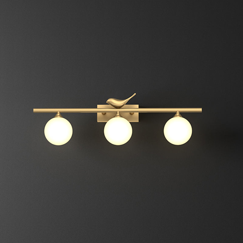 Ball Bathroom Vanity Sconce Opal Glass Postmodern Wall Light with Bird Decor in Brass