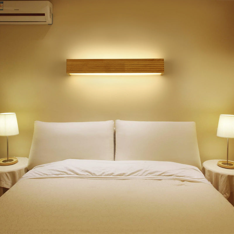Laminated Wood Rectangle Wall Light Minimalist Beige LED Sconce Fixture above Bed