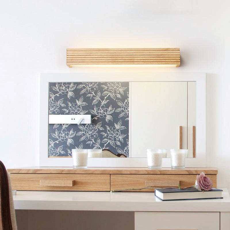 Laminated Wood Rectangle Wall Light Minimalist Beige LED Sconce Fixture above Bed