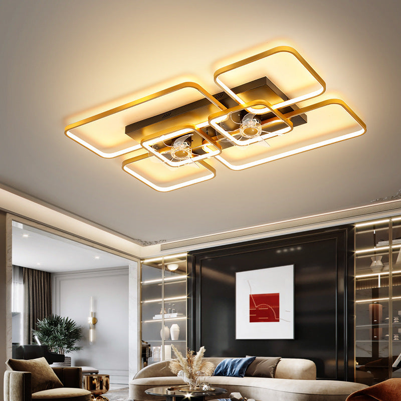 Remote Control Rectangular Ceiling Fan Lamp Contemporary Acrylic Living Room LED Semi Flush Light with 7-Blade