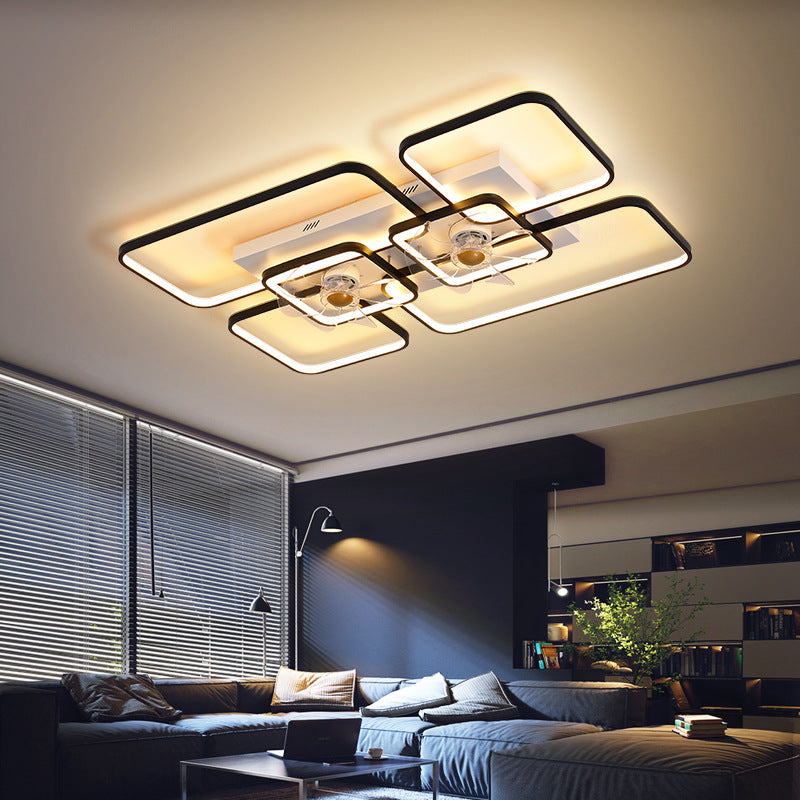 Remote Control Rectangular Ceiling Fan Lamp Contemporary Acrylic Living Room LED Semi Flush Light with 7-Blade