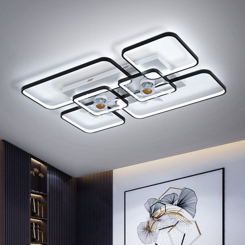 Remote Control Rectangular Ceiling Fan Lamp Contemporary Acrylic Living Room LED Semi Flush Light with 7-Blade