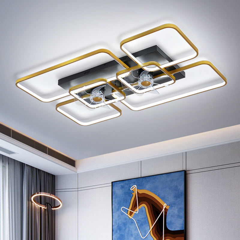Remote Control Rectangular Ceiling Fan Lamp Contemporary Acrylic Living Room LED Semi Flush Light with 7-Blade
