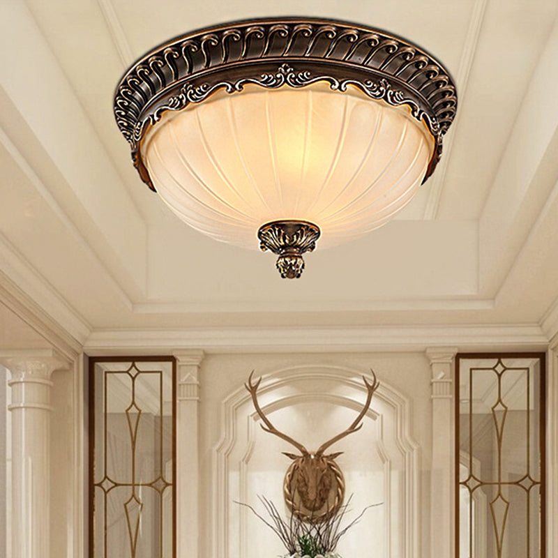 3 Lights Living Room Ceiling Light Fixture Traditional Bronze Flush Mount with Bowl Frosted Glass Shade, 12"/14"/19" Wide