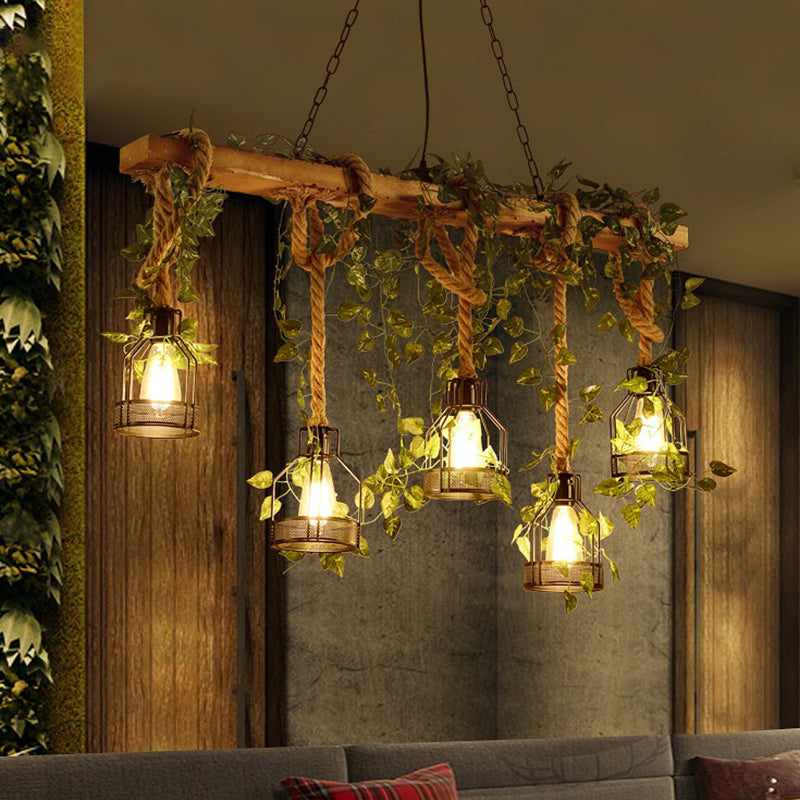 Island Pendant Light Industrial Style Linear Wood Hanging Chandelier Beige with Cage Shade