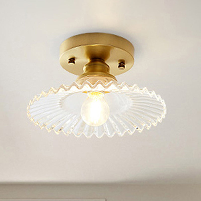 1 Light Flared Semi Flush Light Industrial Clear/Green Ribbed Glass Ceiling Mount for Living Room