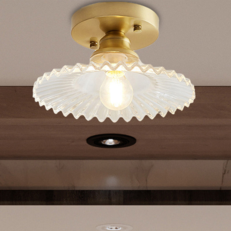 1 Light Flared Semi Flush Light Industrial Clear/Green Ribbed Glass Ceiling Mount for Living Room
