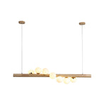 Nordic Linear Wood Island Pendant with Globe Shape Glass Island Light in Beige for Dining Room
