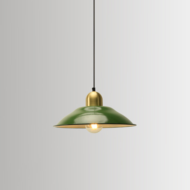 Enamel Green Shaded Suspension Lamp Retro Metal 1-Light Cafe Hanging Light Fixture